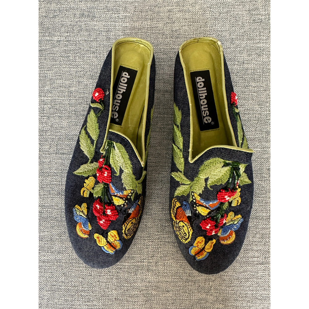 dollhouse Embroidered Slides in Blue